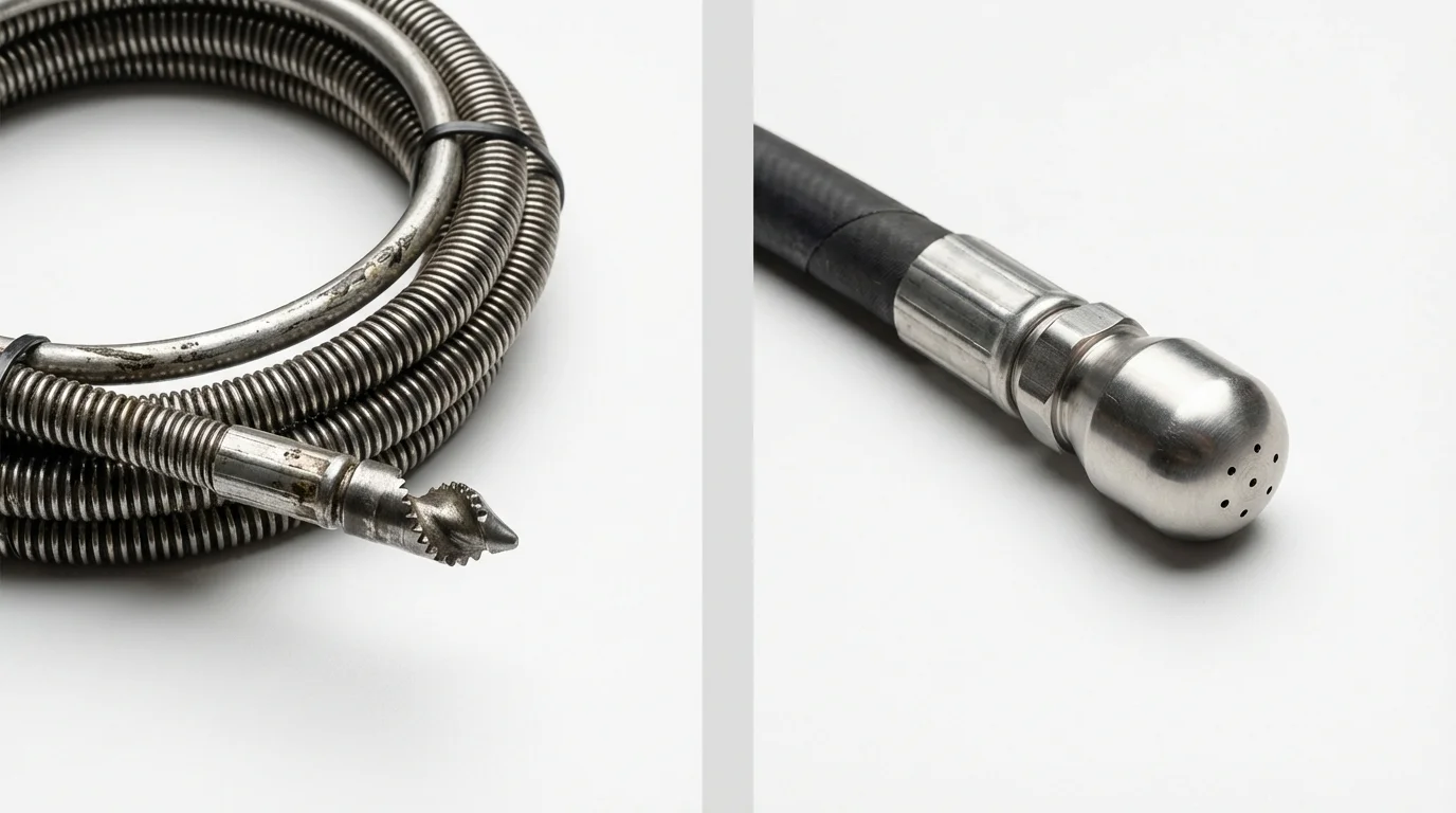 Drain snake cable and hydro jetting nozzle used for drain cleaning in Albany, CA