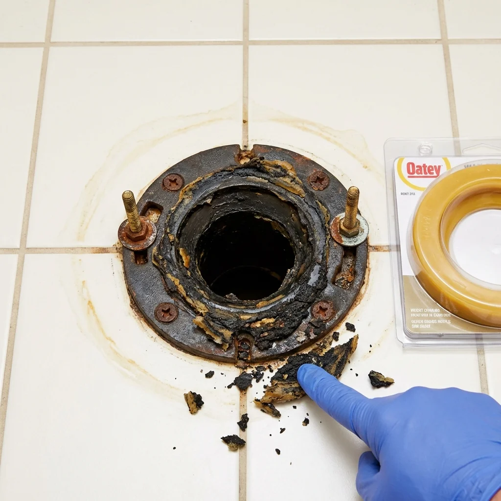 Failed wax ring showing water seepage at the base of a toilet in a Albany, CA home