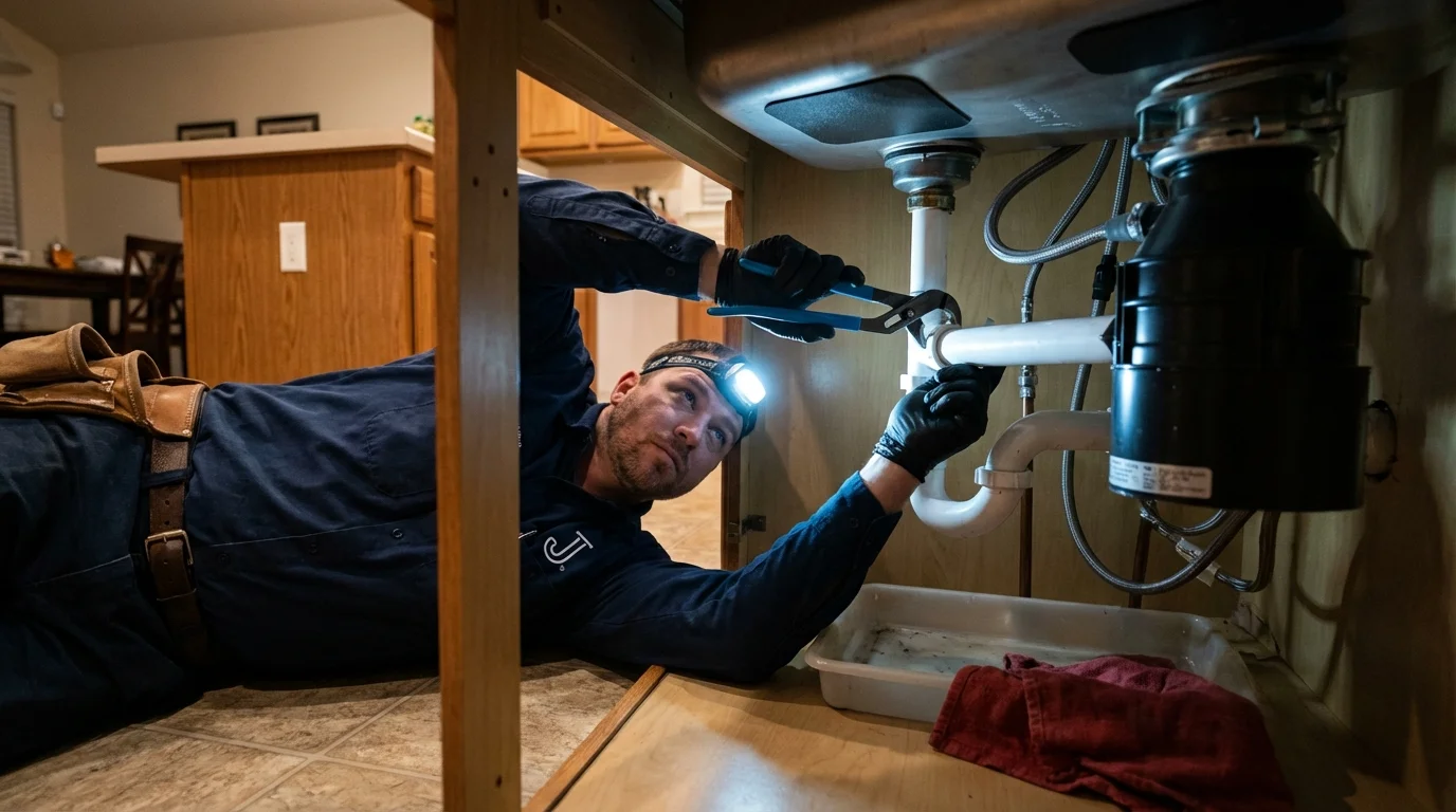 P-trap and supply line connections under a kitchen sink showing a common leak point in Albany, CA